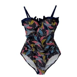 Boden Womens Tropical Leaf Print One Piece Swimsuit Navy Blue Ruched Ruffle 10